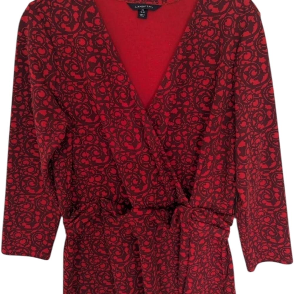 Lands' End Red Dress Moroccan Demure A-Line V-Neck 3/4 Sleeve Cross Over Sz L - Picture 6 of 12